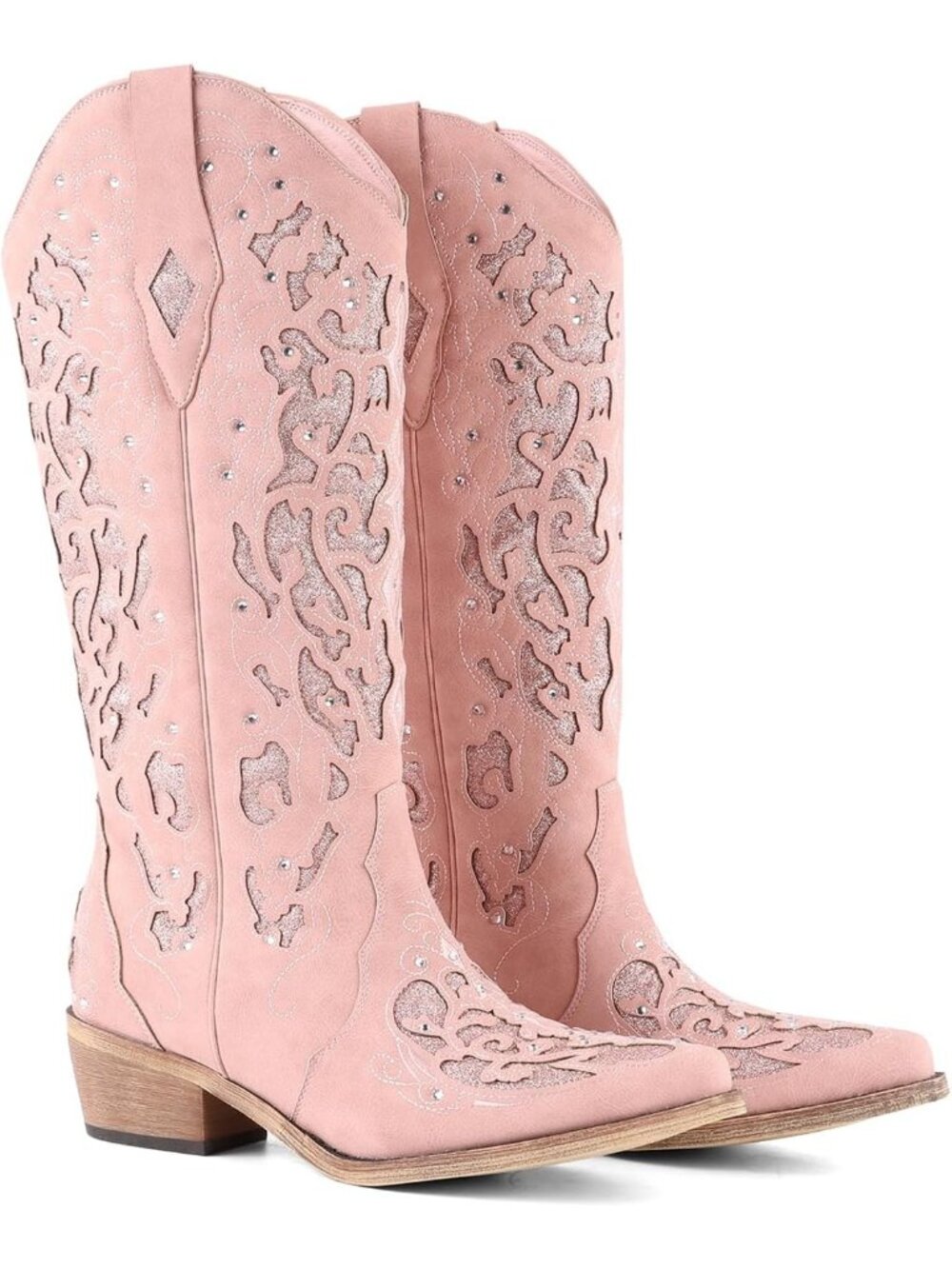 Women's Pink Comfortable Mid Calf Chunky Heel Glitter Sparkle Western Boots
